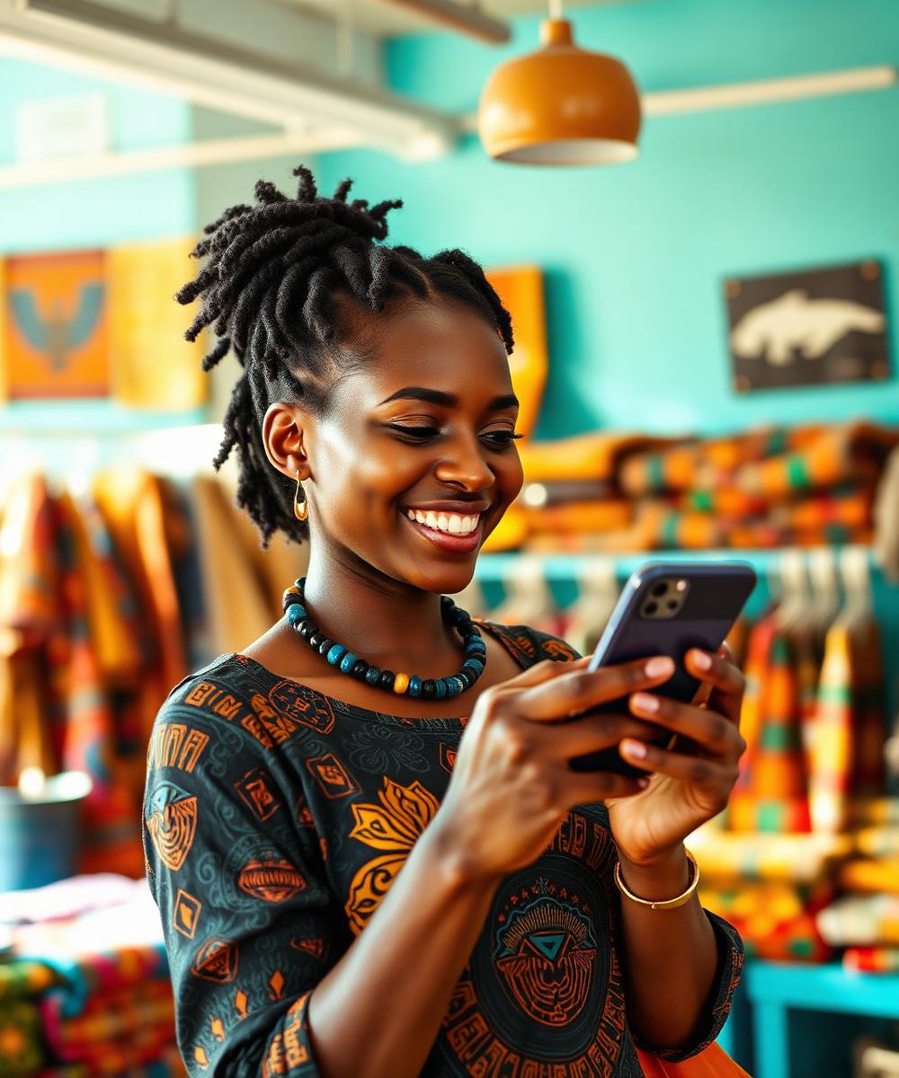 Shop owner in Africa updating her website from a phone